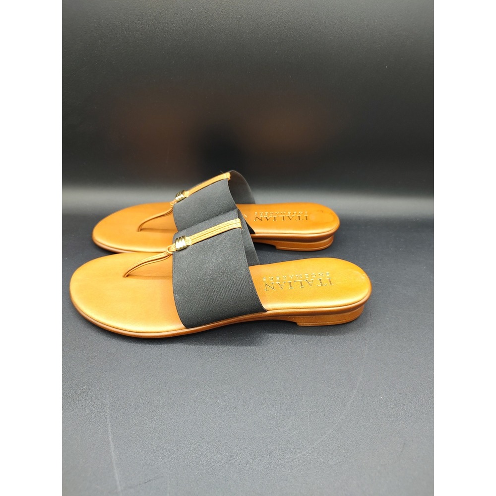 Italian Shoemakers Womens Black Tan Elastic Thong Slide Sandals Made in Italy 8 - Picture 3 of 7